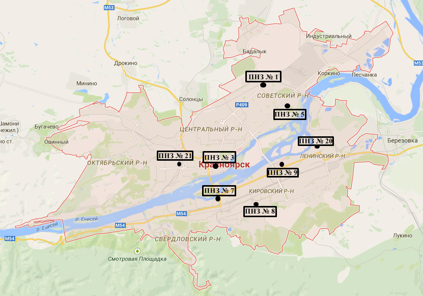 Карта-схема г. Красноярска с нанесенными точками местоположения стационарных постов наблюдения ГУ «Красноярский ЦГМС-Р»
